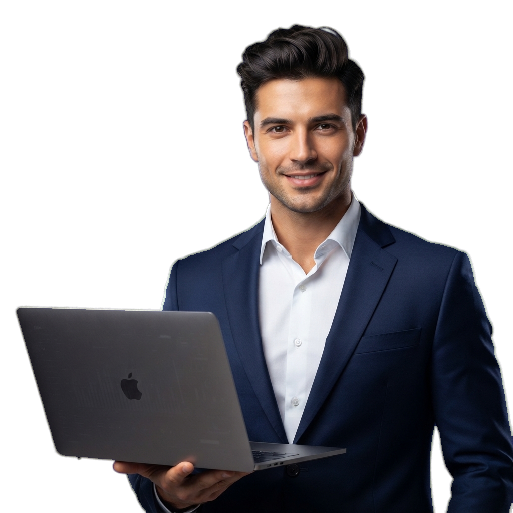 Finance executive holding a laptop