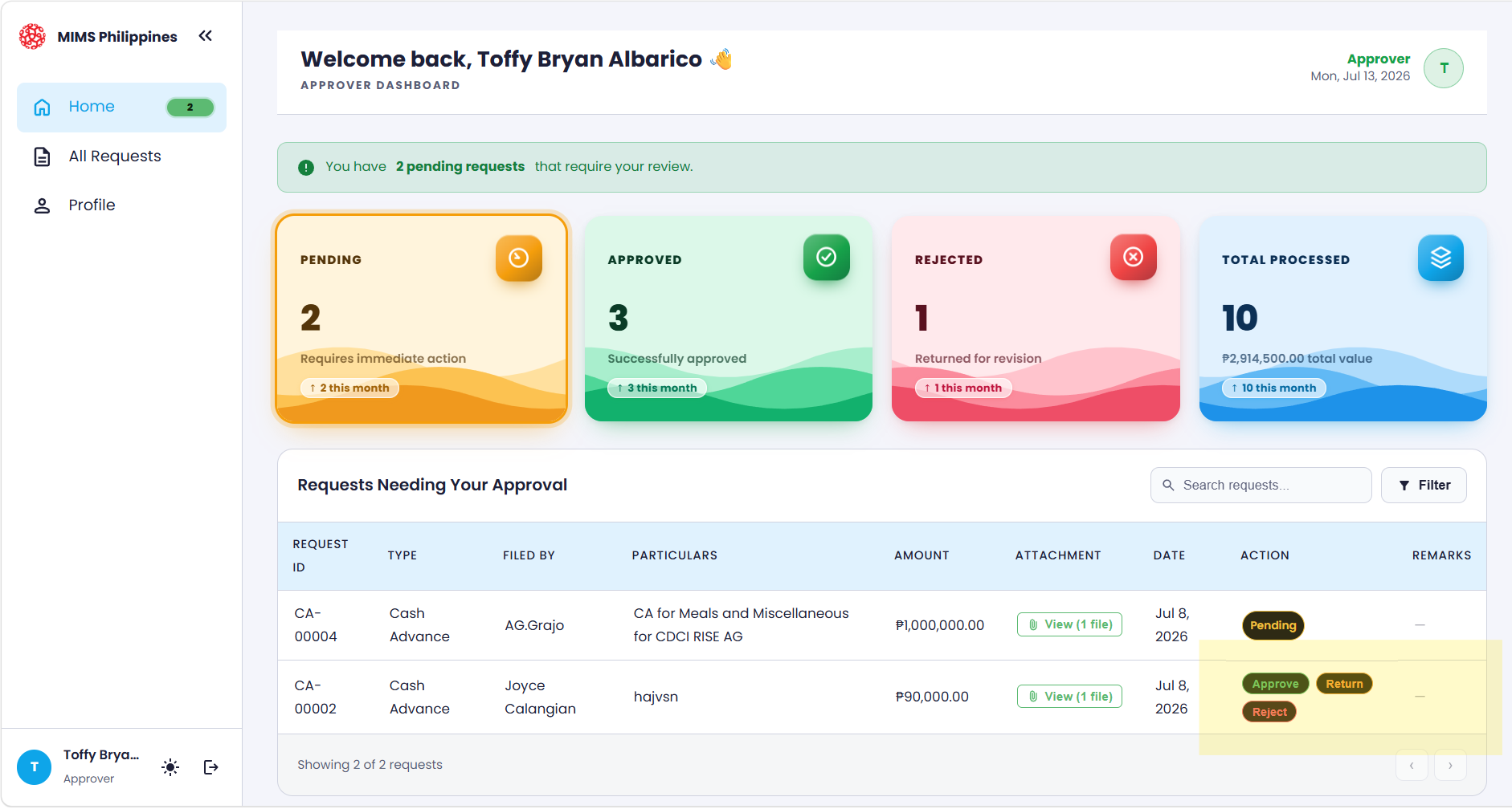The request preview modal showing the Approve, Reject, and Return action buttons