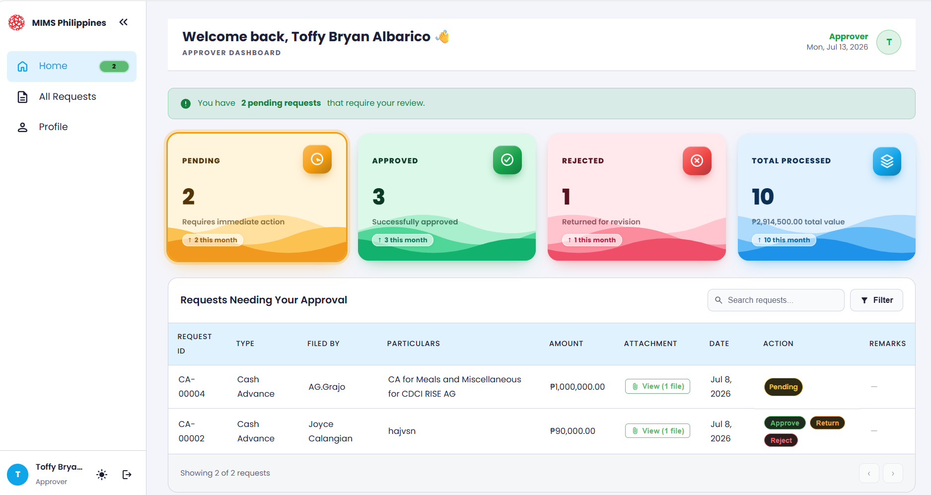 The Approver Home page showing the table of requests routed to the approver