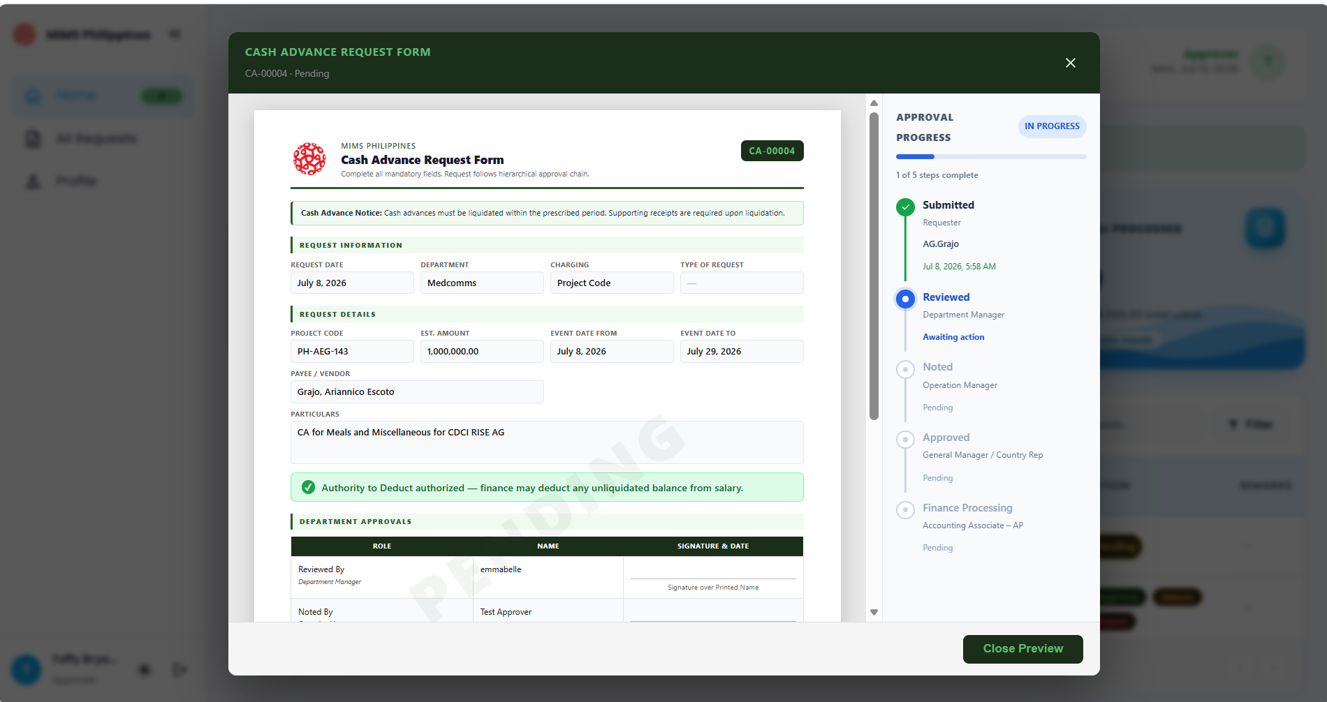 The request preview modal showing the full details of the selected request