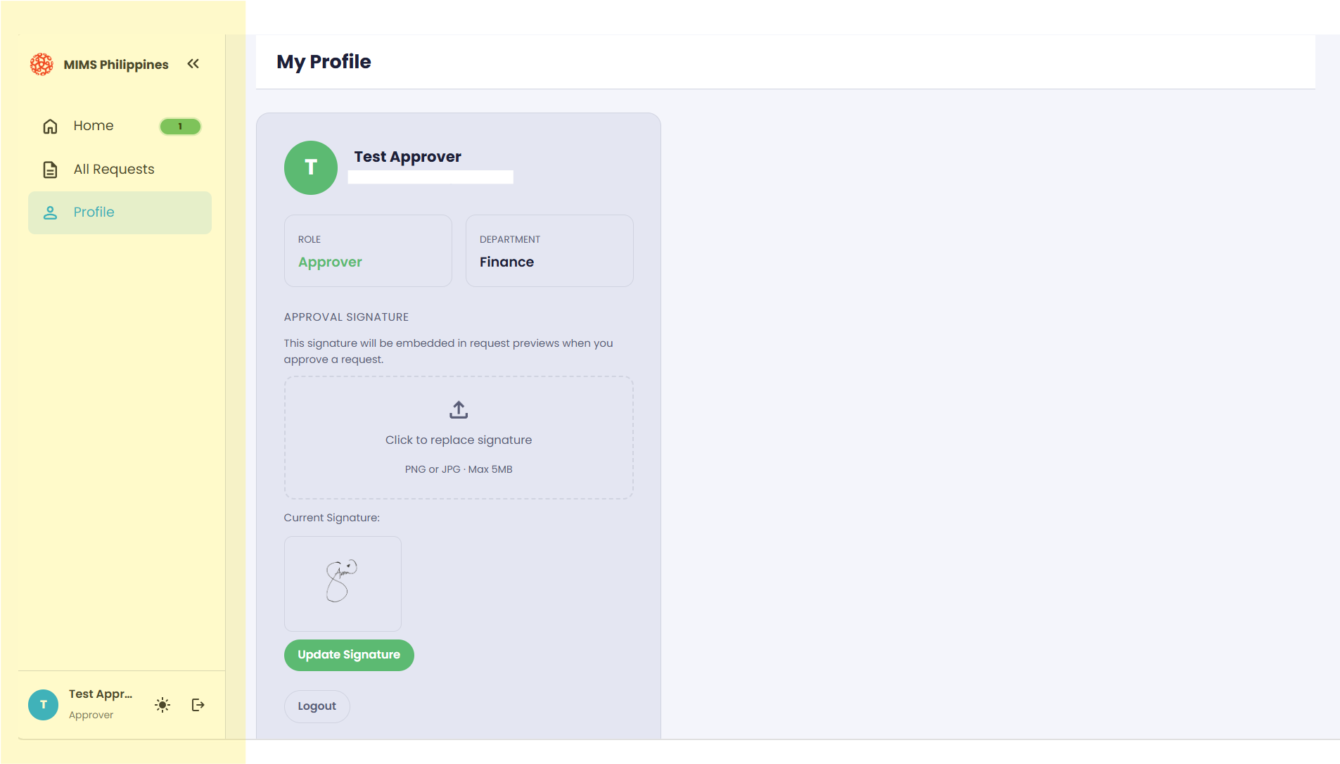 The My Profile page showing the profile header, the role and department cards, and the approval signature section