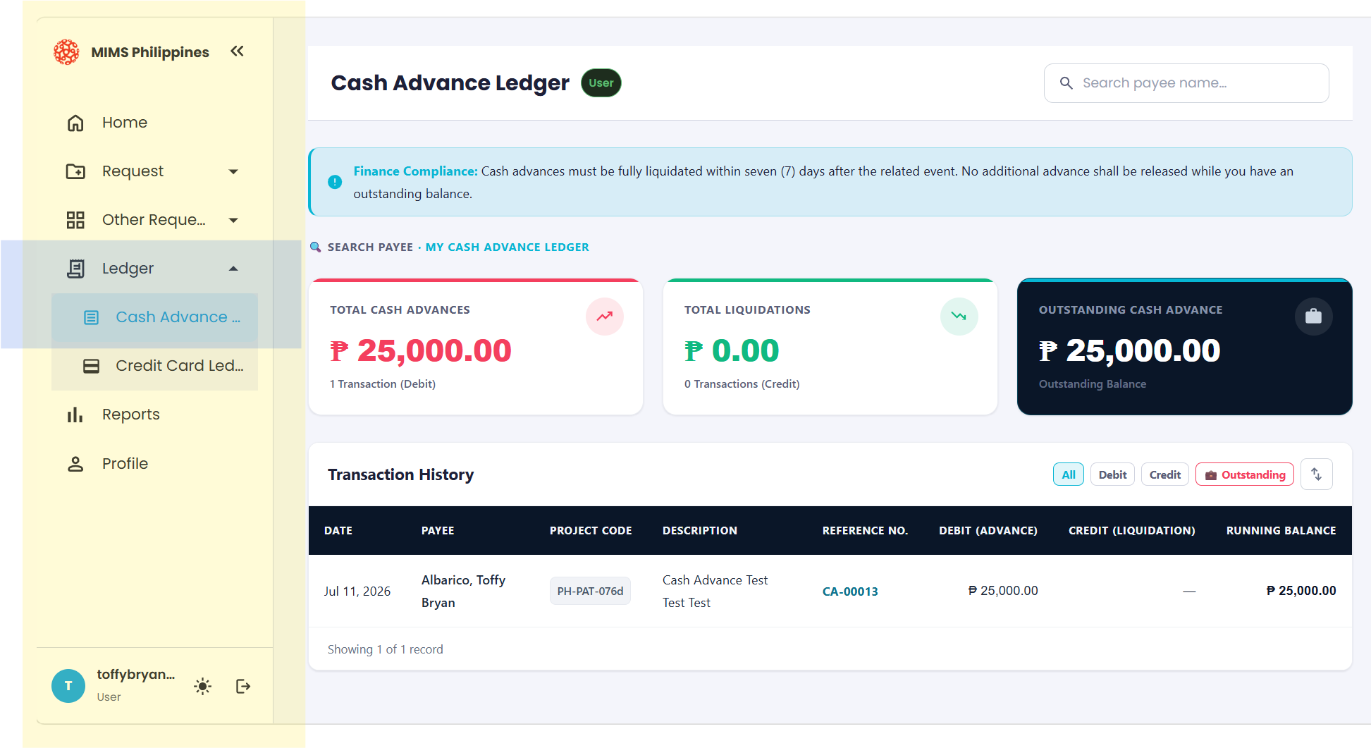 The My CA Ledger screen showing cash advance records and balances