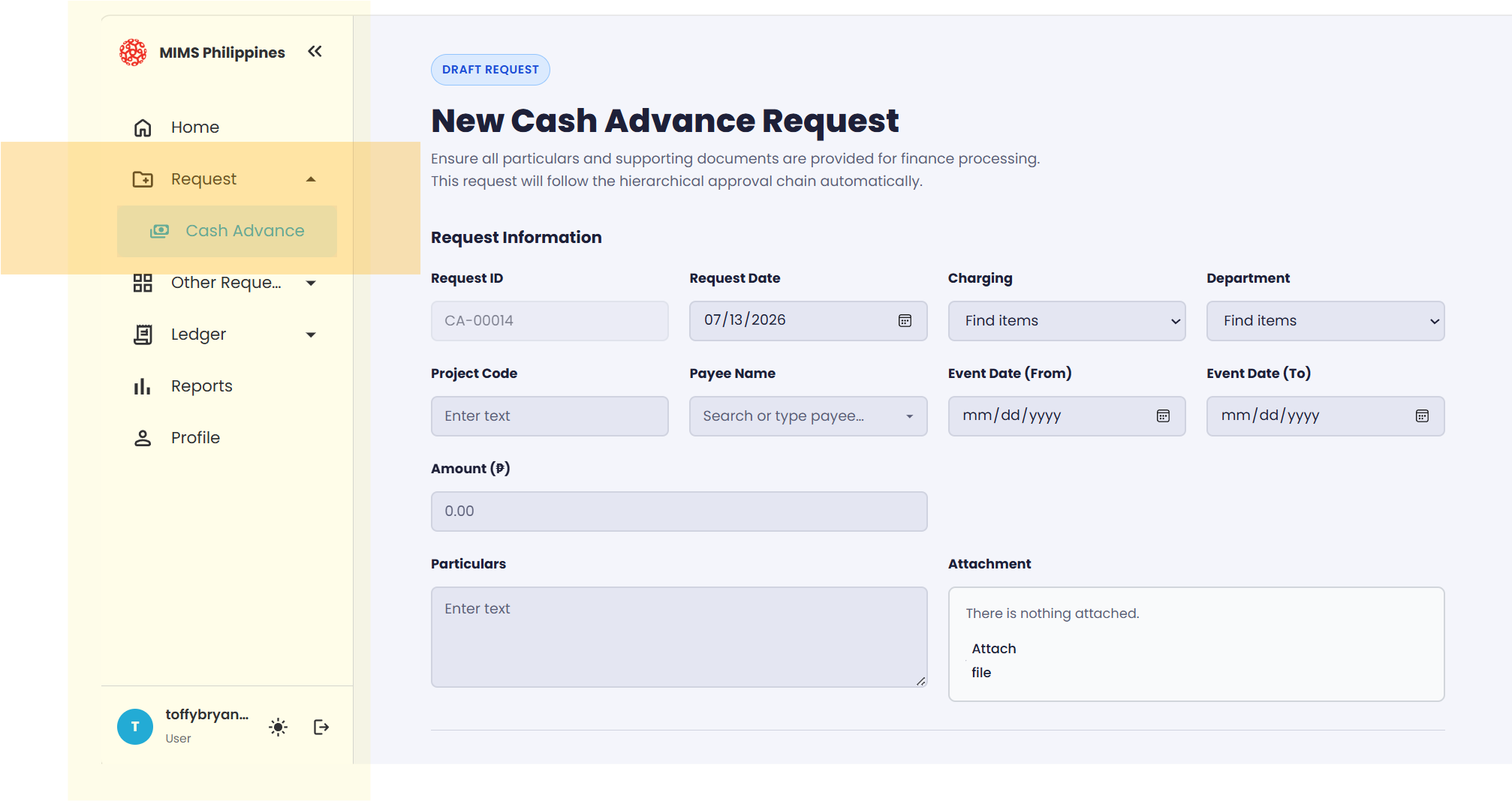 The New Cash Advance Request form showing its fields and sections