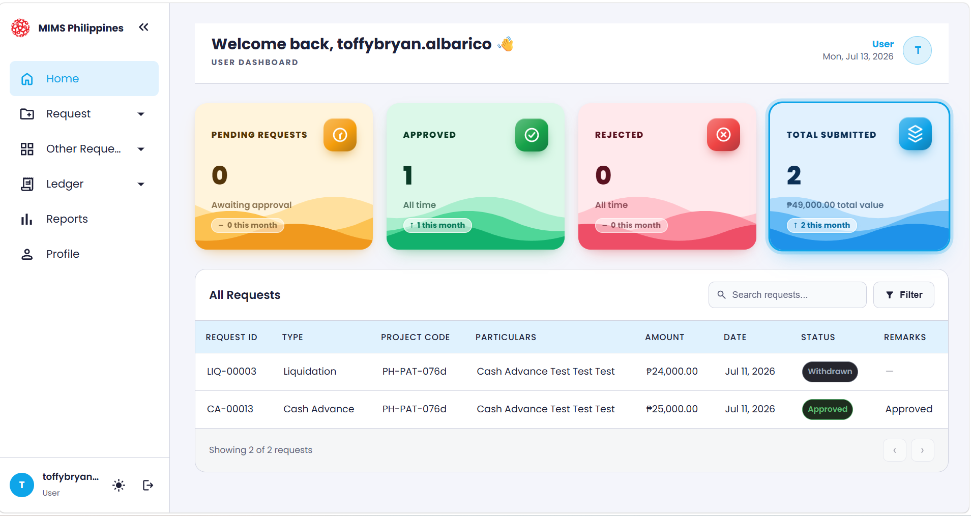 The user dashboard showing the left navigation menu, top header, and main content area
