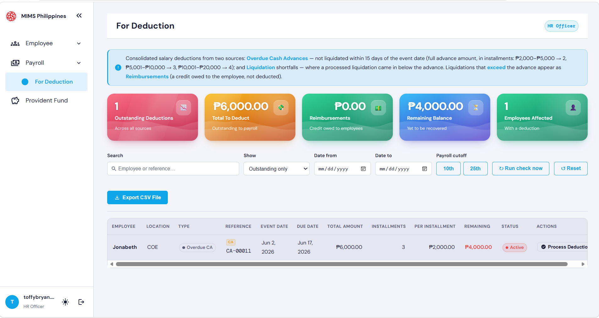 The For Deduction module showing the deduction dashboard summary and records list