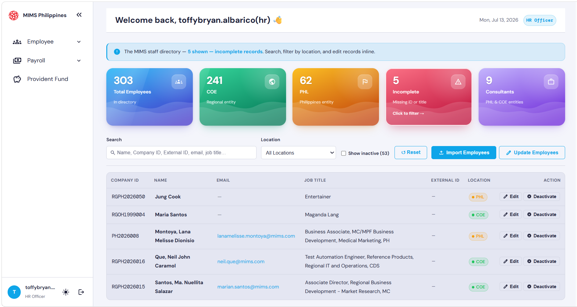 The HR Home page showing the status tiles above the employee directory