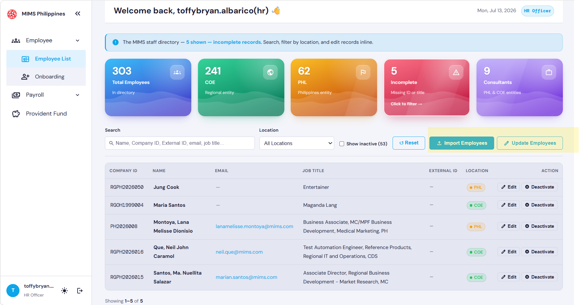 The Batch Import module showing the bulk employee upload screen