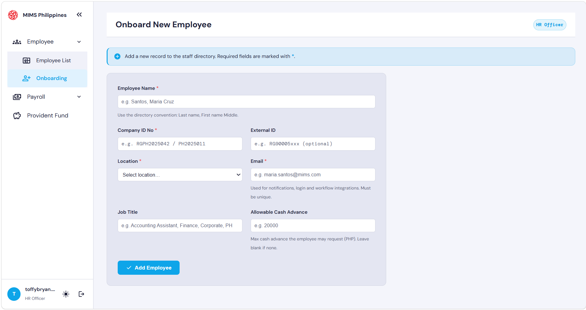 The Onboarding module showing the new employee registration form
