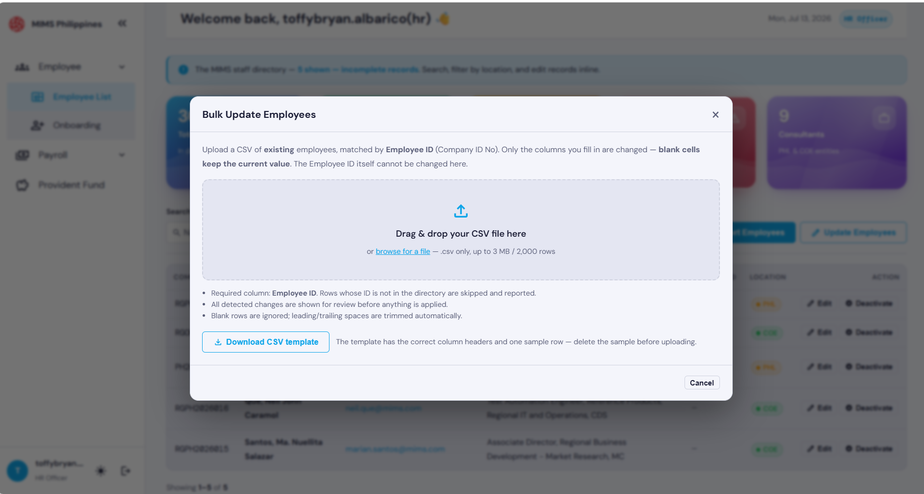 The Batch Update module showing the CSV import screen for updating multiple employees
