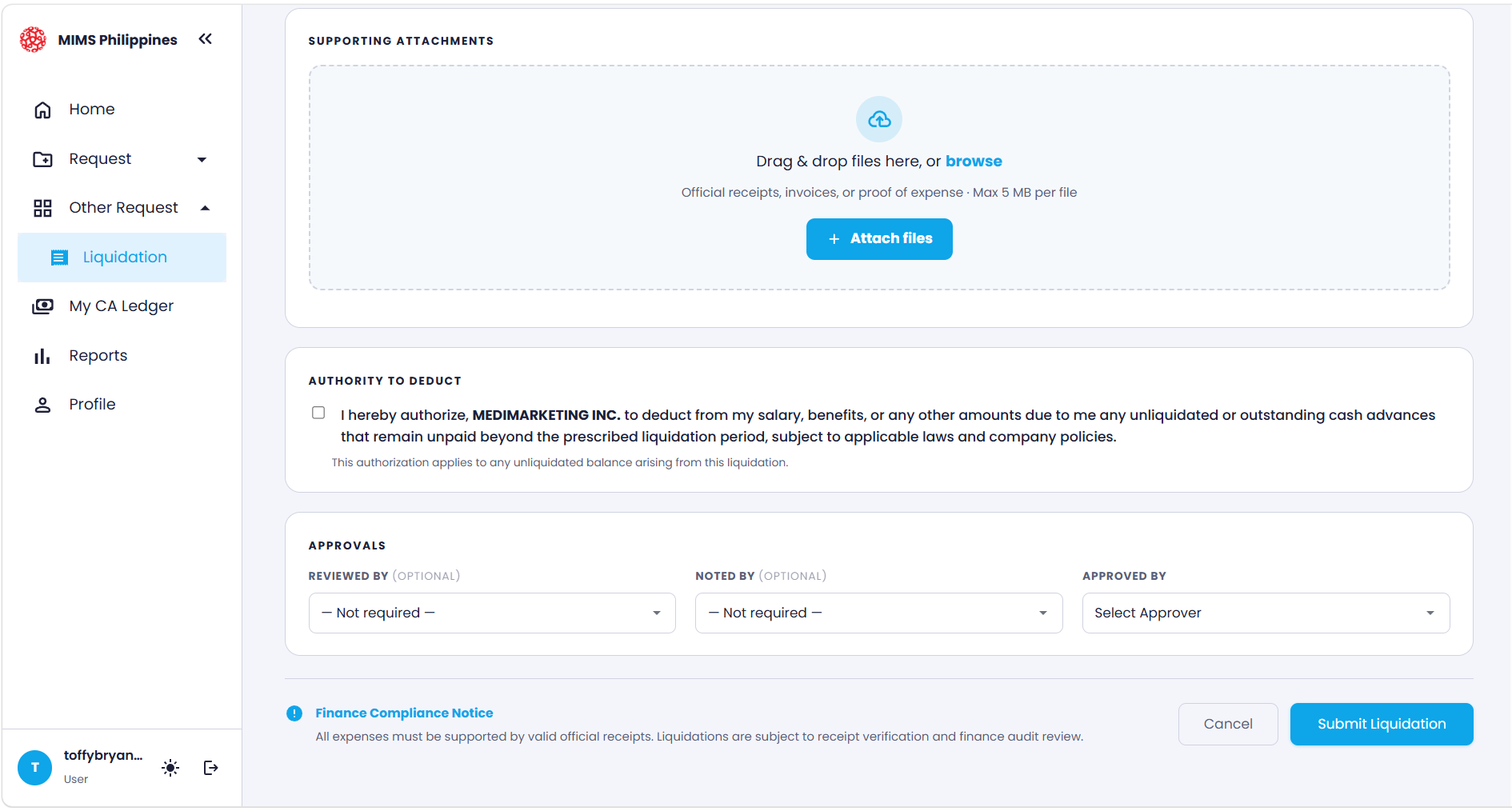 The upload supporting attachments area of the Liquidation form, showing receipts and documents uploaded in line-item order