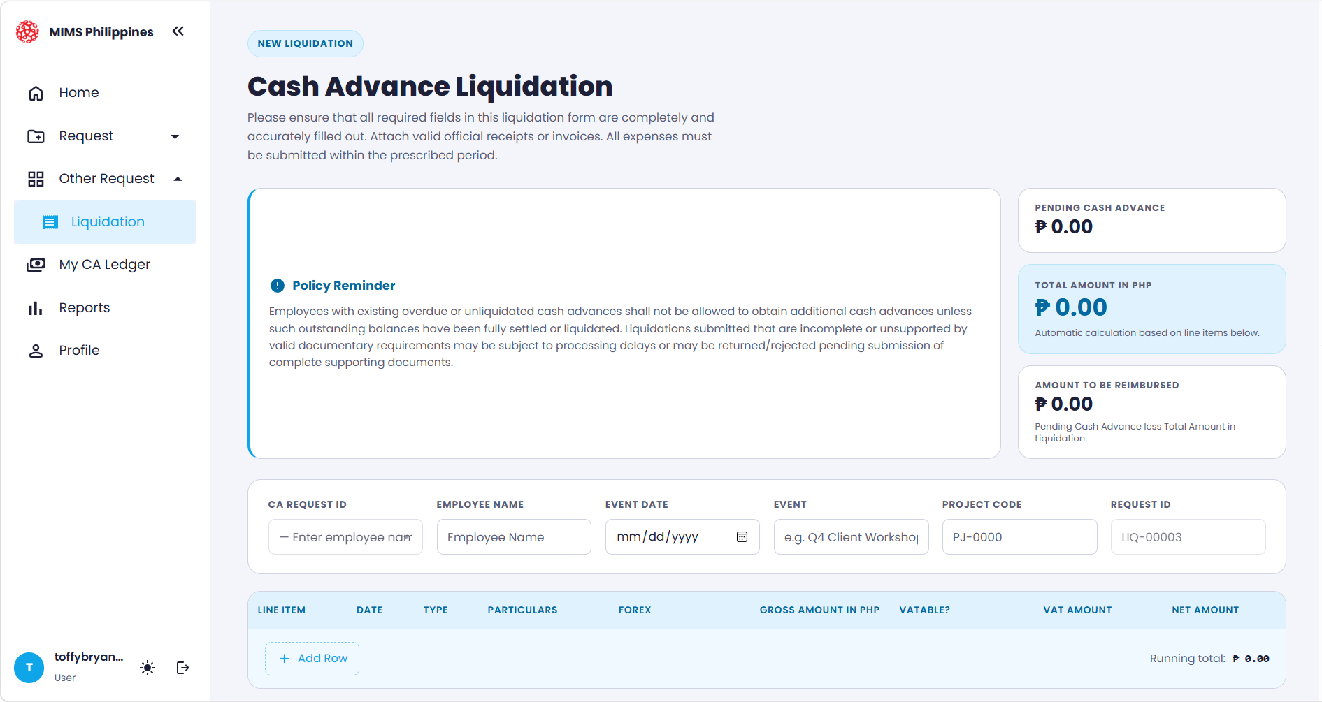 The Cash Advance Liquidation form showing the policy reminder, summary totals (Pending Cash Advance, Total Amount in PHP, Amount to be Reimbursed), the request detail fields, and the line-item table