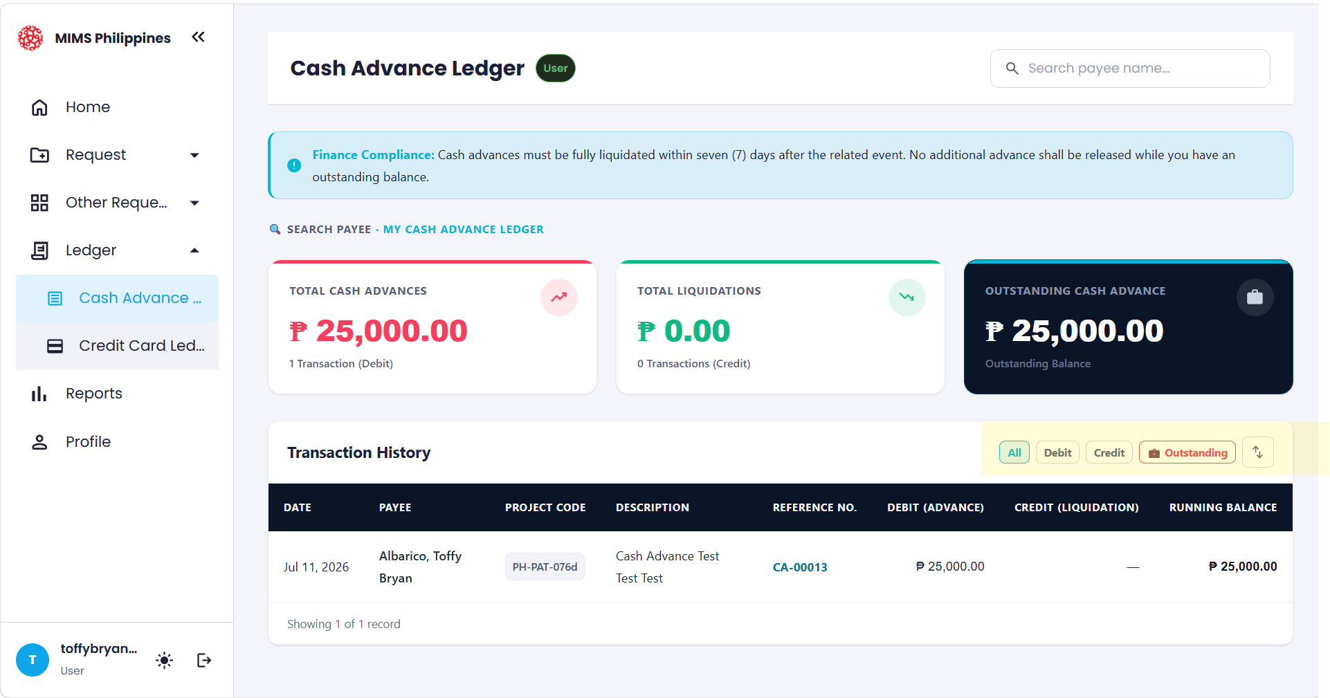 The My CA Ledger filter options: All, Debit (Advance), Credit (Liquidation), and Outstanding