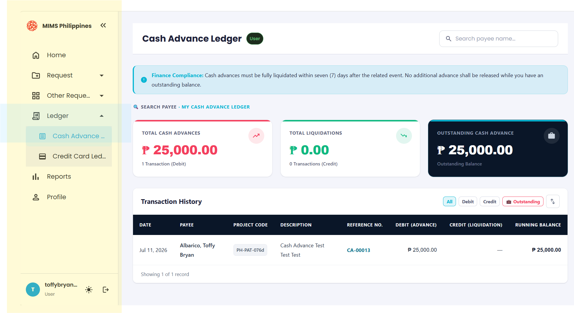 The My Cash Advance Ledger page showing total cash advances, total liquidations, and the outstanding balance
