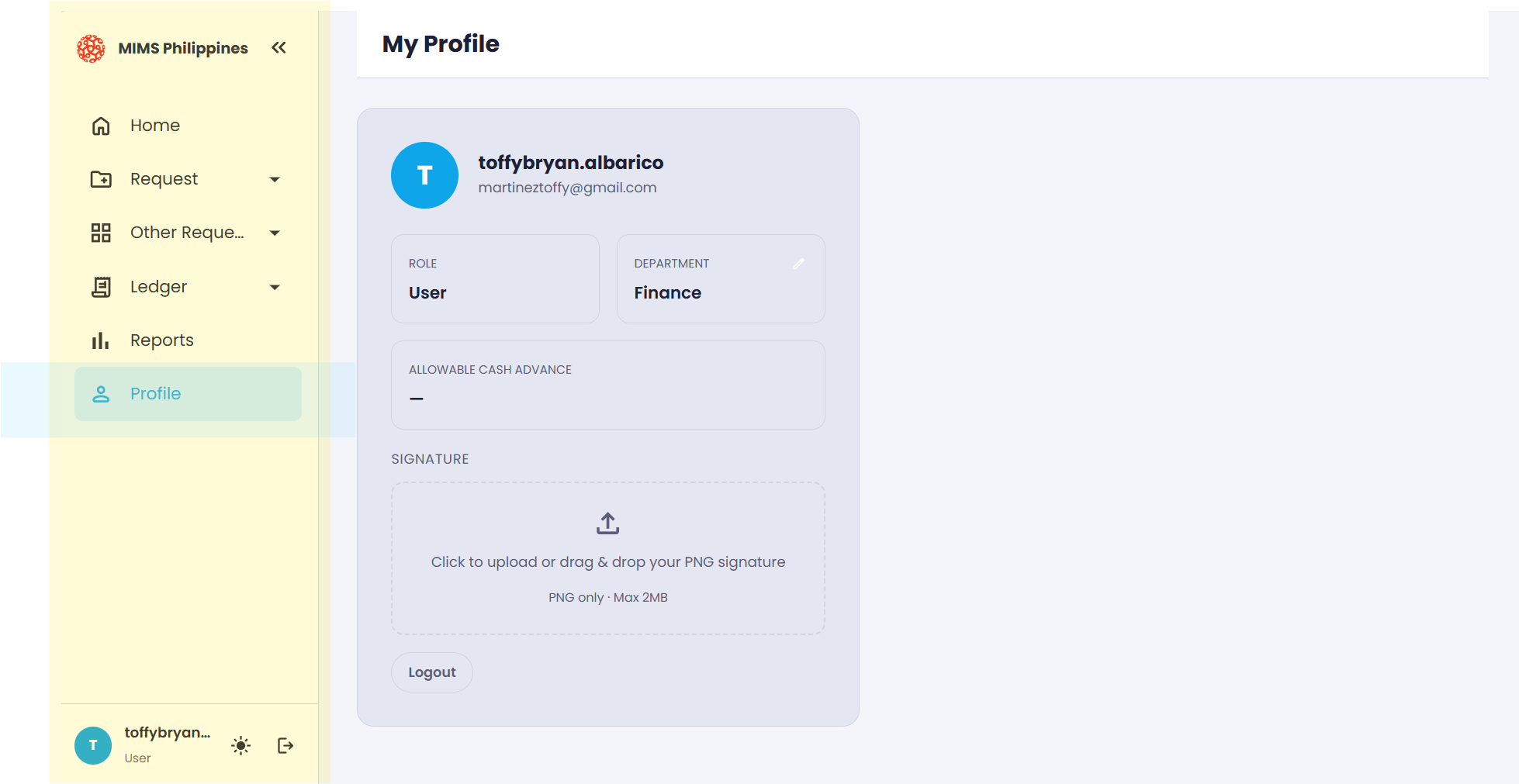 The Profile screen showing account details and settings