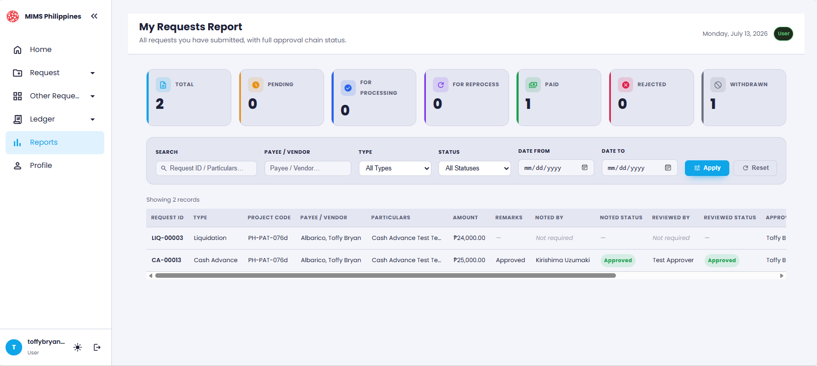 The Reports screen showing report options and summaries
