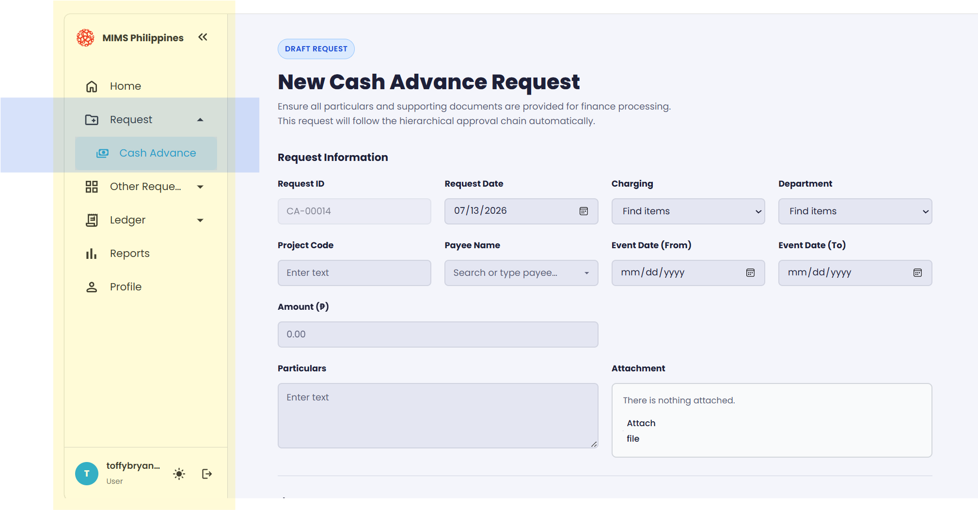 The Request menu expanded to show the Cash Advance module